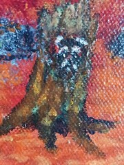 Vintage folk art painting creature in tree trunk (see it?) forest signed