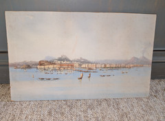 Fine Antique Italian Watercolor Painting Landscape Harbor Scene 10 1/2 x 17″