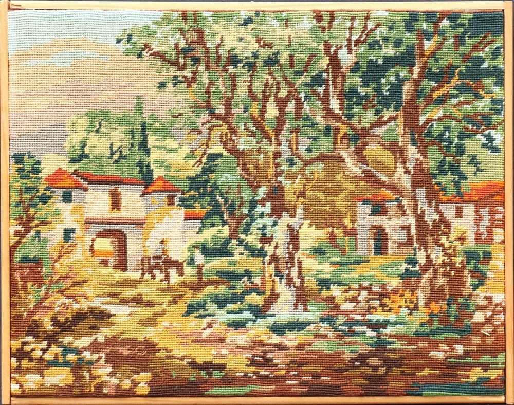European countryside vintage needlepoint tapestry urban landscape cityscape art