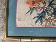 „Asian Bird Among Flowers Scene“ Watercolor Painting – Signed And Framed