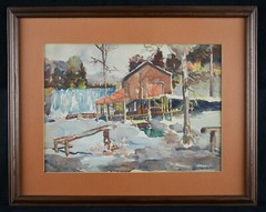 Vintage Framed Original Landscape Watercolor Painting „Rural Winter Scene“