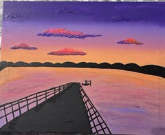 Sunset Seascape Pier Painting – Clouds Contemporary Nature Theme
