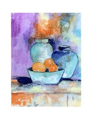 Aceo By Kenna Original Painting Pots And Fruit 2.5” X 3.5” Signed