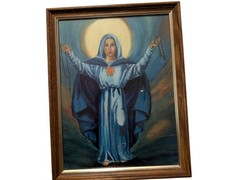 Vintage Signed Virgin Mary Rosary Scapular Oil Painting Folk Art 13.5×18 Framed