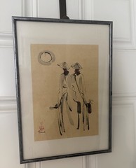 TWO VIETNAMESE Ladies Shopping Ink & Watercolor Signed Thai Framed
