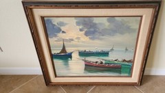 OIL PAINTING – Vintage, Fishing Boats, Framed, Artist Signature Not Visible