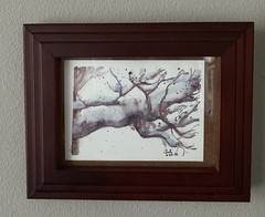 Original Art Watercolor Painting Snow On Trunks Tree Trunk Branch Signed OOAK