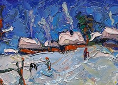 Oil Painting Snowy Streets Of The Village O. Ivanyuk Unframed Original nAAA3922