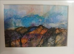 3×4.5″ Matted Miniature Watercolor Collage Stormy Hills Judith Shaw Hoctor Art