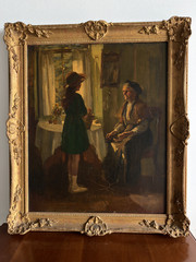 Antique Oil Painting on Canvas/Interior Genre Scene/Attributed to T. Reid