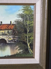 European Scene of Bridge, River & Buildings Oil Painting Signed 18 1/4″ X 16.5″