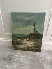 Vintage Canvas Brian Roche Seascape Lighthouse Coastal Original Oil Painting