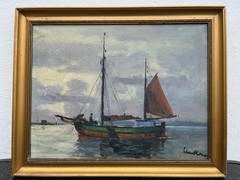Impressionist Johan Kock 1869-1944 Evening Sea with Fishing Boat Oil Painting