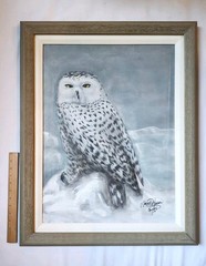 Vintage Original Acrylic Snowy Owl Hand Painting Signed Framed 23″x29″
