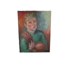 Portrait Of A Kid With A Football Oil Painting Signed Illegible