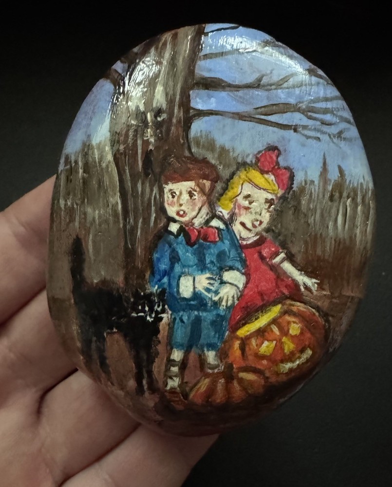 Vintage Halloween Vibes Handpainted Rock Art “Bogie Book 1902” Haunted Woods