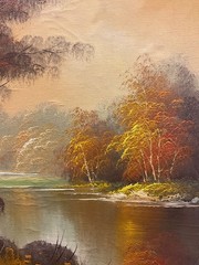 Oil Painting 16×20” Autumn forest landscape, stand still lake, warm tones