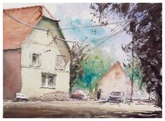 310 Original Aquarell Gemälde Malerei impressionistisch Landschaft Weite Dorf 