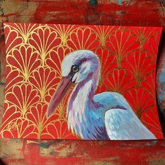 Original Stork painting Bird art deco realism surreal Nature handmade Artettina