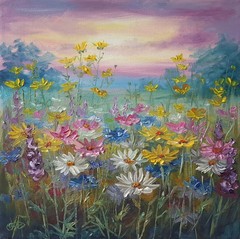 Colorful Wildflower Meadow Original Painting Floral Landscape Nature Art Decor
