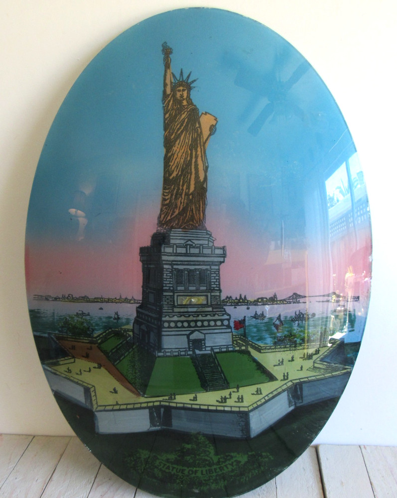 vtg Oval Convex Reverse Glass Painting Statue of Liberty Early 1900s NO FRAME