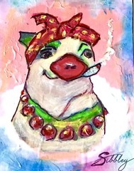 ACEO Original Painting MISS PIGGY SMOKING Colorful Animal Pig Cartoon 2.5×3.5”