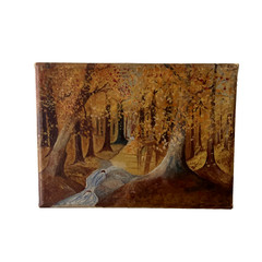 Original Oil Painting Golden Autumn Forest Landscape Woodland Stream Canvas