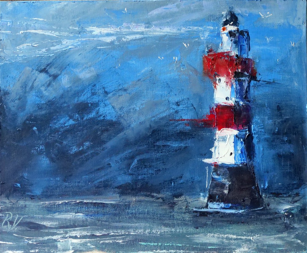 Roter Sand Lighthouse, Stormy Clouds over North Sea with Seaguls Dark Seascape