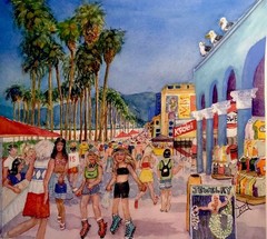 WATERCOLOR ORIGINAL 10×10 Venice Beach House Vacation Boardwalk People Colorful