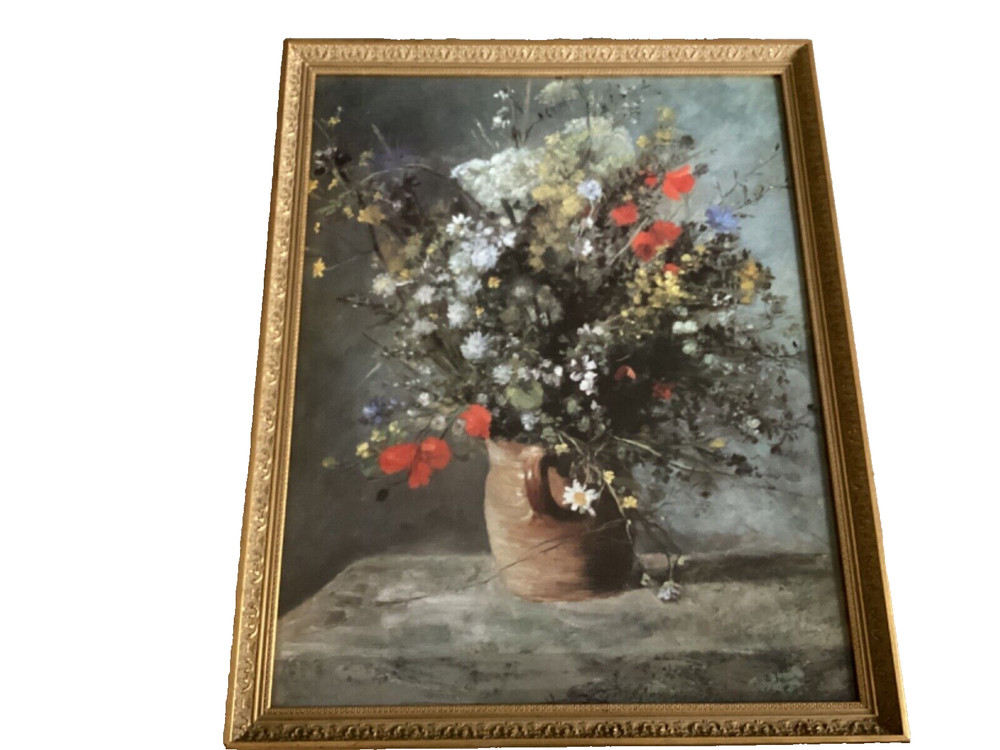 Vtg Renoir?Painting Bouquet Of Flowers In Vase Ornate Frame Large32”X26”