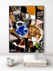 Coffee Croissant Original Art 9×12 Canvas Cubism Art Fine Art Abstract Decor