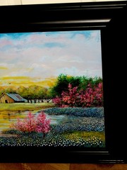 LARGE ORIGINAL Bluebonnet Landscape Barn Fence Heron Pond Blooming Tree Painting