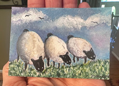 ACEO ORIGINAL Art Watercolor Painting 2.5 x3.5 „Three Hungry Sheep“