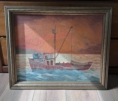 Vintage Signed Seascape Fishing Boat Oil Painting Gilt Carved Wood Frame