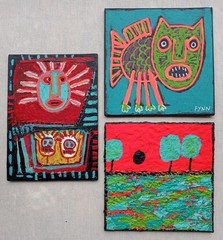 Original Lot Of 3 Abstract Folk Art Outsider Paintings Cat Fish Trees Landscape