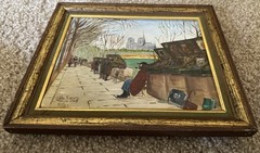 60s Oil Painting Note Dame Sien River Paris Painting Gilt Wood Frame SIGNED. Art