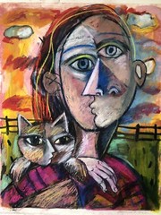 Cubism Cat farm woman original oil painting by MBollen monotype