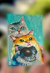 ACEO Original Painting – Cat Stack – Mixed Media, Cat Art, Fun