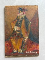 Antique Oil Original Painting signed Circus Harlequin, Portrait, Costume, Clown