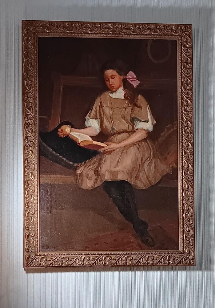 1930-40’s Beautiful Large Oil Painting „Reading Girl“ by Ruel P. Tolman
