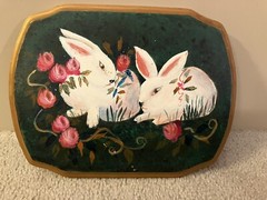 Vintage Hand Painted Rabbits On Wood – 11 1/2” wide x 8 3/4” high