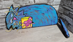 Beeb Benson 9×28″ Cat & Mouse Folk Art Painting On Wood Wall Plaque Seagrove Fl.