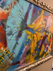 Large Vibrant Abstract Mixed Media Painting on Canvas in Ornate Silver Frame