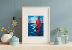 Sailboat Art Oil Night Landscape Art Boats Original Painting Small Nautical
