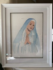 Watercolor Painting Org VIRGIN MARY in Blue & White Large Framed 29×23 inch
