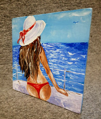 Oil painting.Girl in a hat on a yacht looks into the distance.Modern mini art.