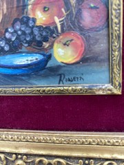 RSVRD: Vtg Italian Still Life Oil Painting Wine/Fruit Gilt Frame Signed Rosetti