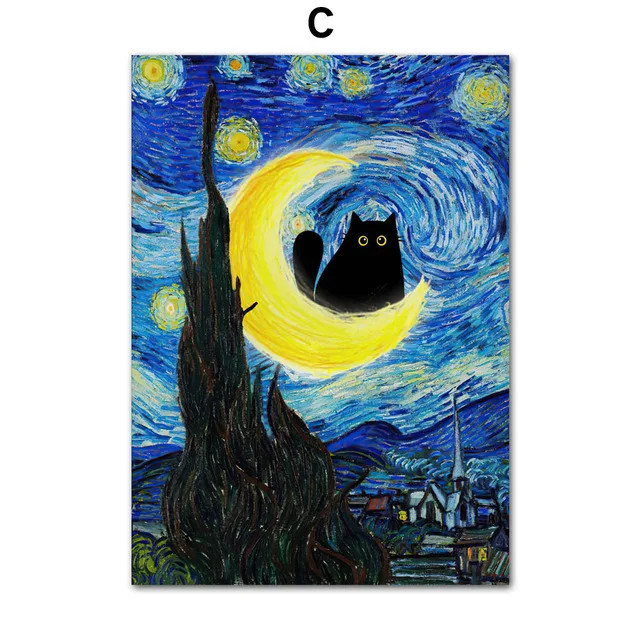 Funny Art Matisse Monet Black Cat Van Gogh Sunflowers Canvas Painting Posters