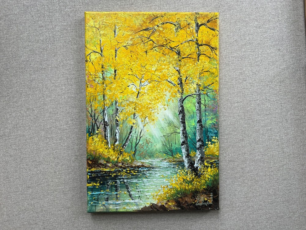 Golden Autumn Birch Forest Original Oil Painting on Canvas, Fall Landscape Art