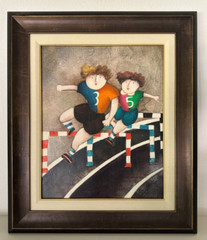 J. Roybal Signed Two Hurdling Runners Painting on Canvas 24″ x 28″ Framed READ